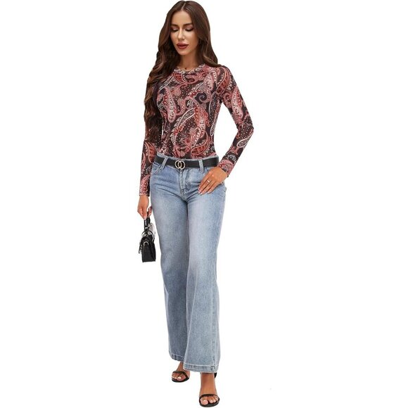 🆕Women Brown Floral Polyester Mesh Top  Crew  Neck Long Sleeve  See-Through Tee - Picture 2 of 6